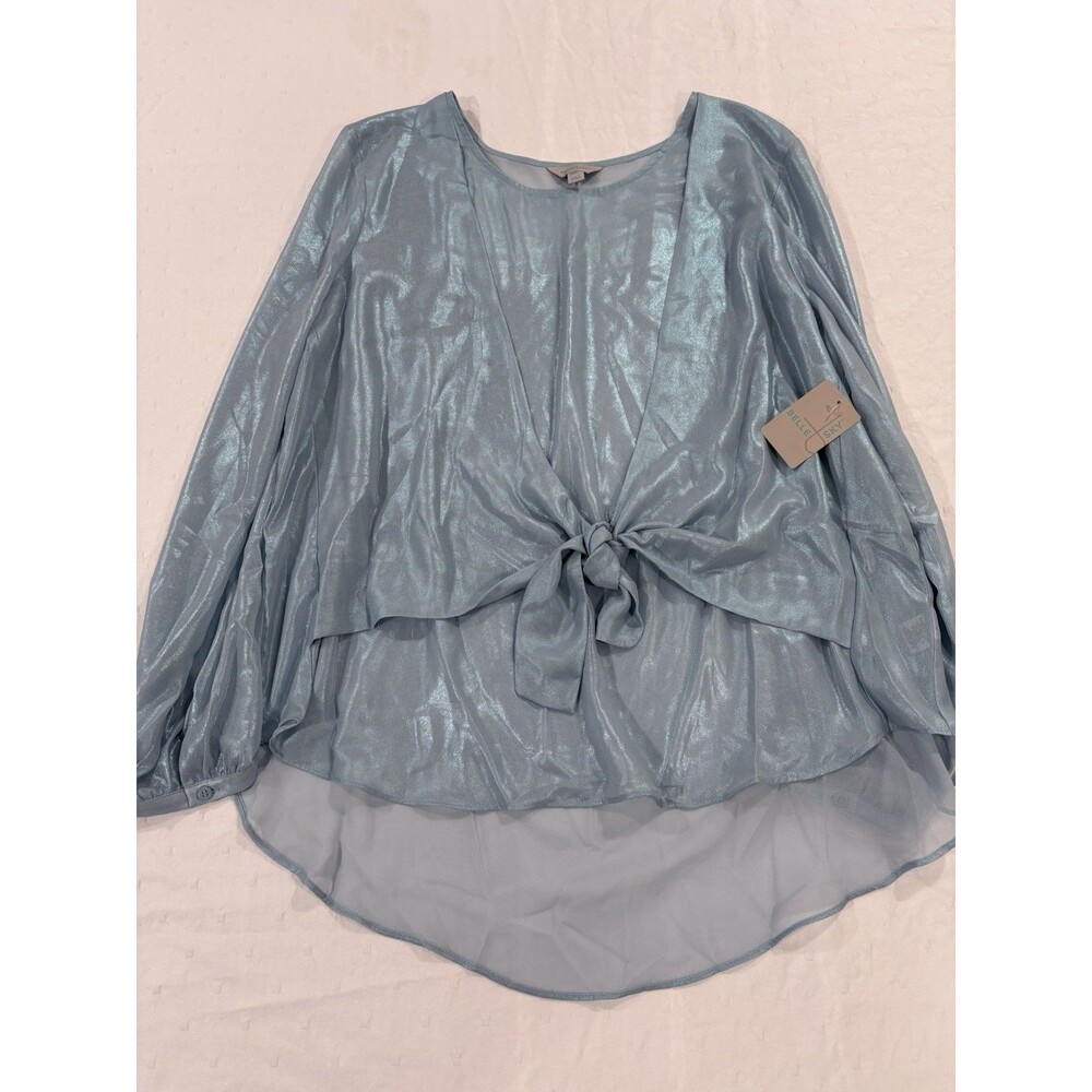 NWT Belle Sky Blue Metallic Tie Front Blouse XXL Shimmery Top - Picture 9 of 13
